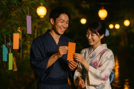 Young couple in yukata enjoying Tanabata summer festival at night. Smiling faces under lantern light with colorful wishing papers on bamboo.の素材