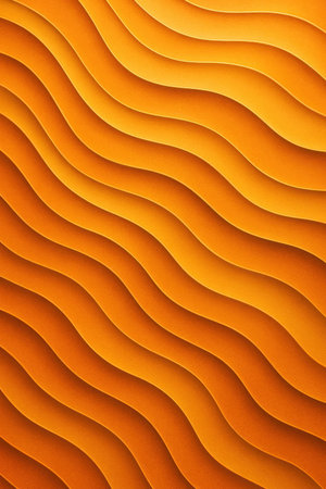 Vibrant orange layered wave backdrop. Curved paper like relief surface with dramatic light and shadow. Dynamic abstract design for modern layouts.の素材