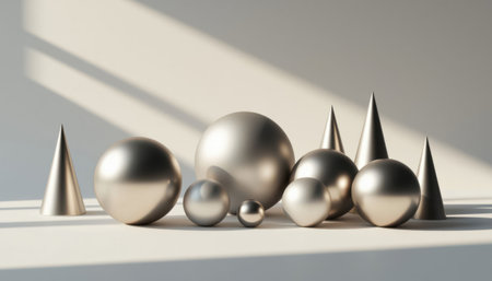 Elegant silver cones and spheres arranged on a light surface. Soft daylight creates long shadows and a calm minimal mood.の素材