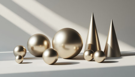 Group of golden metallic spheres and tall cones sits on a bright surface. Strong light and shadows highlight a luxurious abstract decor style.の素材