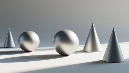 Minimal row of silver cones and spheres arranged on a clean surface. Long shadows and soft light create a calm geometric still life composition.の素材