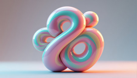 Glossy pastel abstract sculpture with twisted loops stands in studio light. Smooth shapes and candy colors create a playful modern art object.の素材