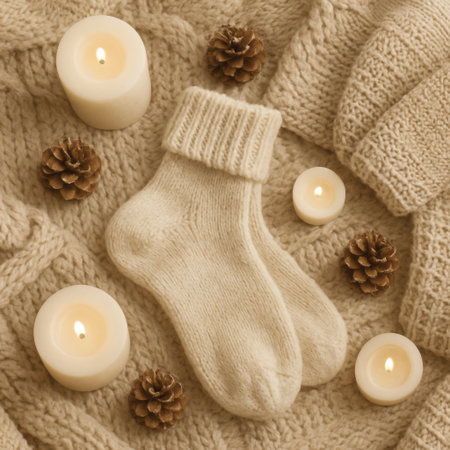 Warm knitted socks lying on soft sweaters with burning candles and pine cones. Hygge winter still life in neutral tones.の素材