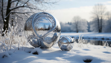 Smooth reflective chrome spheres rest on fresh winter snow near frozen river. Bright sky and trees mirror in polished surfaces.の素材
