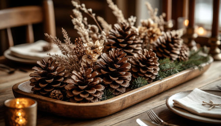 Wooden tray filled with pine cones and dried flowers decorates cozy dining table. Warm candlelight creates hygge mood.の素材