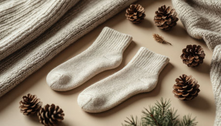 Soft wool socks with knitted sweaters and pinecones. Warm neutral background. Comfortable winter lifestyle composition.の素材