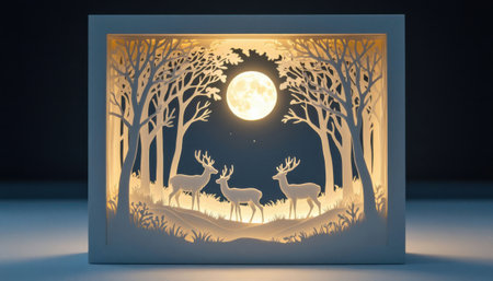 Illuminated paper forest scene with three deer under bright moon. Layered cutout artwork creates soft glowing depth.の素材