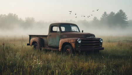 Weathered classic pickup truck parked in a grassy meadow on a foggy morning. Gentle light softens the scene while birds fly above distant trees.の素材
