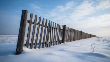 Long rustic wooden fence stretching across a snowy field under a blue sky. Cold rural scenery with soft light and gentle snowdrifts.の素材