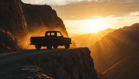 Pickup truck stands near steep cliff edge at sunset in rugged mountains. Dust glows in low golden light.の素材