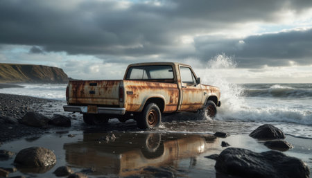 Weathered pickup truck drives through surf on stony coast. Sea spray and dark clouds create dramatic mood and sense of freedom.の素材