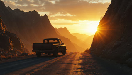 Pickup truck on winding mountain road in glowing evening light. Warm sunset colors fill the distant layered peaks.の素材