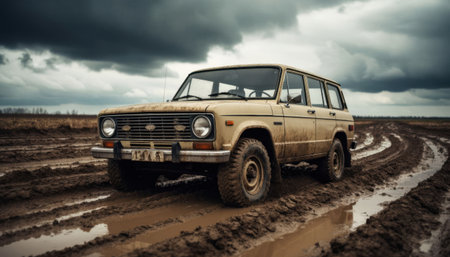 Old offroad SUV standing in deep mud. Dark storm clouds over rural field. Rugged automotive travel scene.の素材