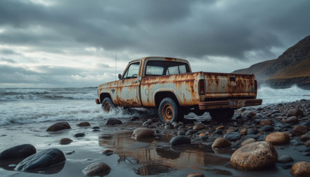 Old pickup truck stands on rocky shore at low tide. Ocean waves reach around wheels under heavy cloudy sky.の素材