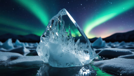 Transparent glass sphere lies on soft snow. Warm winter sun and falling flakes create dreamy meadow atmosphere.の素材