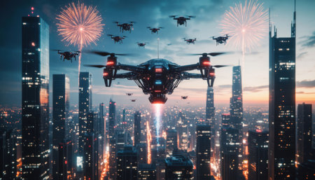 Swarm of drones flies above glowing city at sunset. Fireworks light the sky creating a festive futuristic mood.の素材