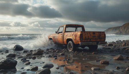 Orange rusty pickup truck meets crashing waves on rocky shore. Wet stones and cloudy sky reflect evening light and wild coast spirit.の素材