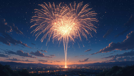 Huge firework explodes above evening city. Bright golden trails fill the anime style night sky over distant mountains.の素材