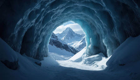 Frozen ice cave frames sharp mountain peak under bright sky. Peaceful high altitude winter scene.の素材