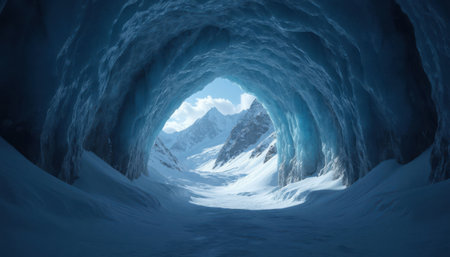 Blue ice cave opens toward distant snowy mountains under bright sky. Light from outside reflects on frozen walls creating dramatic arctic scenery.の素材