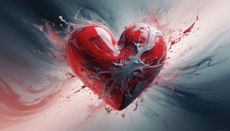 Dynamic red heart surrounded by swirling liquid paint and flying droplets. Energetic motion and vivid color create dramatic romantic concept.の素材