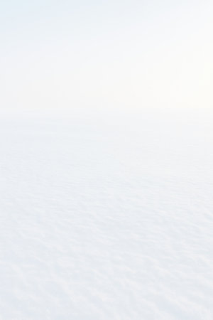 Wide open snowy field under bright pale sky. Minimal winter landscape with soft texture and calm mood.の素材