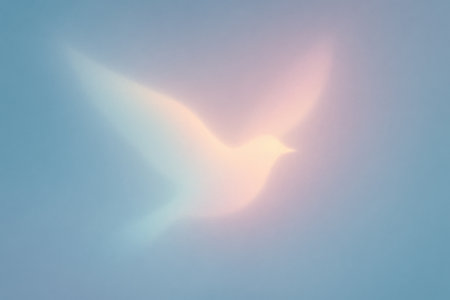 Soft glowing dove flying on clean gradient background. Gentle pink and blue light creates a peaceful spiritual mood. Minimal dreamy illustration for modern design.の素材