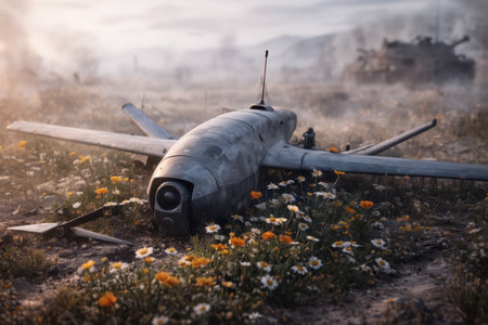 Damaged unmanned aircraft rests among wildflowers. Smoke haze and distant armor shapes the horizon. Concept of modern conflict and fragile technology.の素材