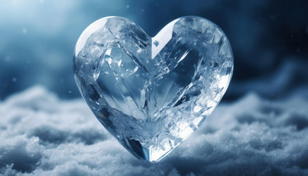 Close up of heart shaped gemstone on snow background. Blue tonedの素材