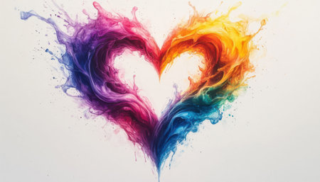Colorful paint splashing in the shape of a heart on white backgroundの素材