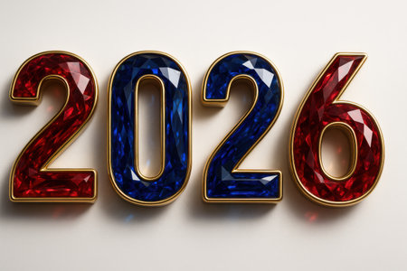 New year number 2016 with red and blue gems on a white backgroundの素材
