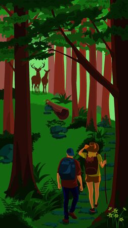 Young woman and man couple hiking in forest with backpacks. Journey in jungle.のイラスト素材
