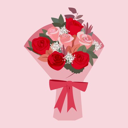 Bouquet of red and pink roses on flat background. Vector illustration.のイラスト素材