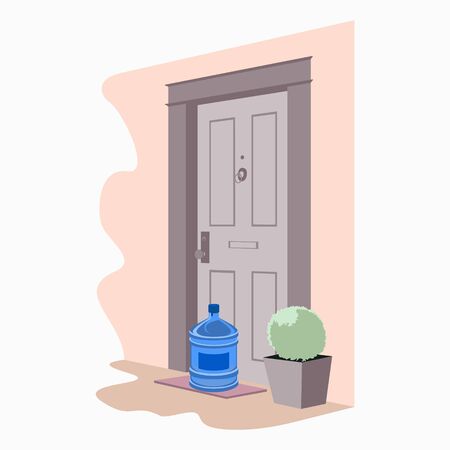 Big plastic water bottle left in front of the house. Safe contactless purified, clean water delivery to home. Ordered online. Self isolation.のイラスト素材