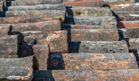 Detail of an old and dirty roof covering on a house in Morcote on Lake Luganoの写真素材