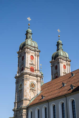 SANKT GALLEN, SWITZERLAND - MAY 7, 2020: St. Gallen is a city south of Lake Constance in northeastern Switzerland. St.Gallus cathedral with two bell towers - UNESCO heritage.のeditorial素材