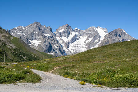 Col du Lautaret, France - July 8, 2020: Mountain panorama of Col du Lautaret, a french alpine mountain pass at 2642 meters.のeditorial素材