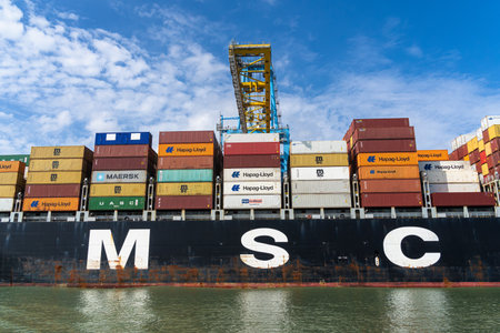 Le Havre, France - July 29, 2021: Containership of company MSC, a world leader in global container...