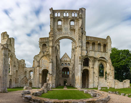 Ruin of medieval benedictine abbey and church of Jumieges in France, Normandyの写真素材