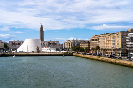 Le Havre, France - August 8, 2021: The town center of Le Havre, Normandy, France wiht Commerce Basin and a little vulcano cultural centerのeditorial素材