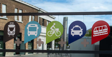 Le Havre, France - August 8, 2021: Advertising and promoting a combination of different means of transportのeditorial素材