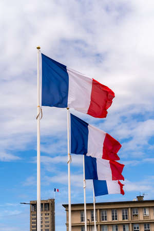 Le Havre, France - August 8, 2021: French flags in the square in front of the town hall in Le Havre, Normandyのeditorial素材