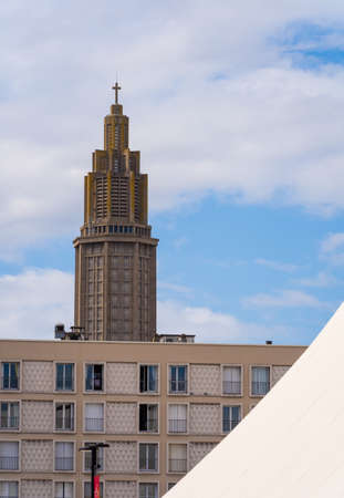 Le Havre, France - August 8, 2021: St. Joseph's Church is a Roman Catholic church in Le Havre From 1945 to 1964, the City of Le Havre commissioned A. Perret and his studio to head the rebuilding.のeditorial素材