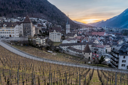 Cityscape of the medieval town of Chur, which is also the oldest town in Switzerland, at sunsetのeditorial素材