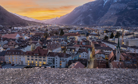 Cityscape of the medieval town of Chur, which is also the oldest town in Switzerland, at sunsetのeditorial素材