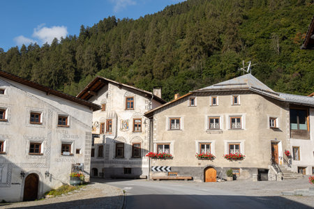 Mustair, Switzerland - September 8, 2020: Mustair is a village in a swiss canton Graubunden. Traditional houses.のeditorial素材