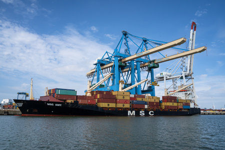 Le Havre, France - July 29, 2021: Containership Amy of company MSC, a world leader in global...