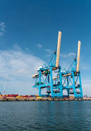 Le Havre, France - July 29, 2021: General view of Port 2000 container terminal equipped with super post-panamax container gantry cranes to receive the largest containersのeditorial素材