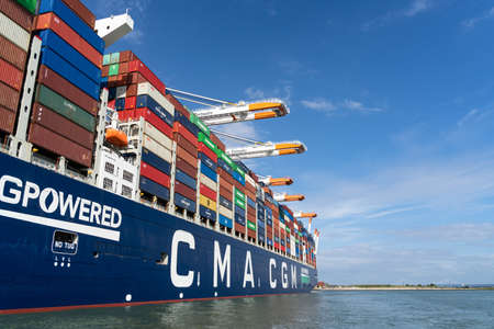 Le Havre, France - July 29, 2021: Montmartre lingpowered ultra large and modern containership of the french shipping major CMA CGM in the harbour of Le Havre.のeditorial素材