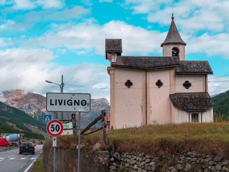 Livigno, Italy - September 29, 2021: Little church entering Livigno, a town and a special-administered territory in the region of Lombardy in the Italian Alps and a duty free regionのeditorial素材